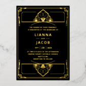 Echt Goud en Zwart  Art Deco 20s Huwelijk Folie Uitnodiging (Voorkant)