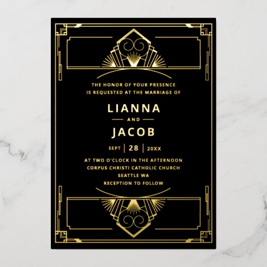 Echt Goud en Zwart Art Deco 20s Huwelijk Folie Uitnodiging (Voorkant)