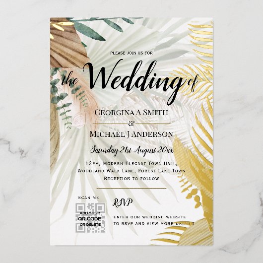 ECHT GOUD FOLIE Pampagras FOTO QR Code Bruiloft Folie Uitnodiging (Voorkant)