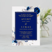 Echt Goud Modern Blauw Wit Bloemen Bruiloft Folie Folie Uitnodiging (Staand Voorkant)