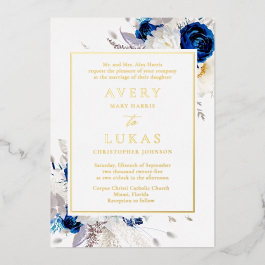 Echt Goud Modern Blauw Wit Bloemen Bruiloft Folie Folie Uitnodiging (Voorkant)