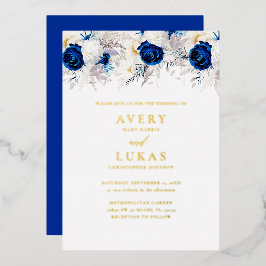 Echt Goud Modern Royal Blue Bloemen Bruiloft Folie Uitnodiging