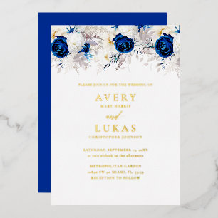 Echt Goud Moderne Koninklijk Blauwe Bloemen Bruilo Folie Uitnodiging