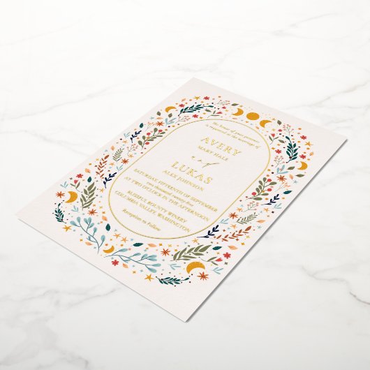 Echt Goud  Mystieke Wildbloemen Bruiloft Folie Uitnodiging (Gedraaid)