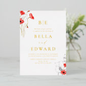 Echt goud papaver rode wilde bloemen chique bruilo folie uitnodiging (Staand Voorkant)