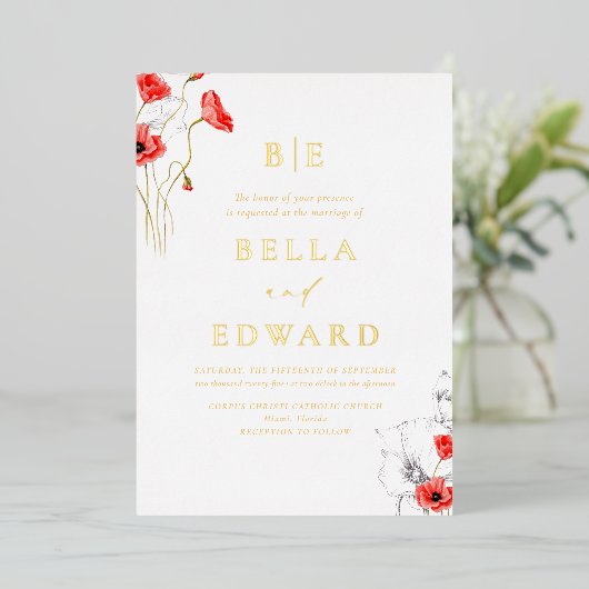 Echt goud papaver rode wilde bloemen chique bruilo folie uitnodiging (Staand Voorkant)