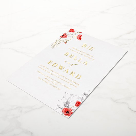 Echt goud papaver rode wilde bloemen chique bruilo folie uitnodiging (Gedraaid)