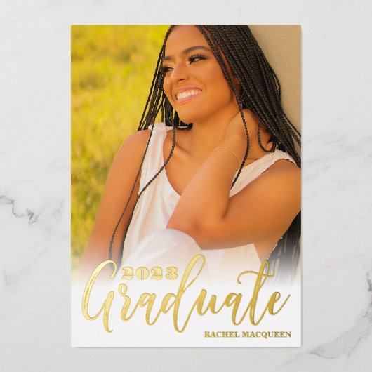 Echt Goud Witte Drie Foto Afstudeerfeest Folie Uitnodiging (Voorkant)