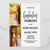 Echt Goud Witte Drie Foto Afstudeerfeest Folie Uitnodiging (Achterkant)