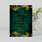 Echt gouden folie bloem kant script smaragd trouw uitnodiging (Staand Voorkant)