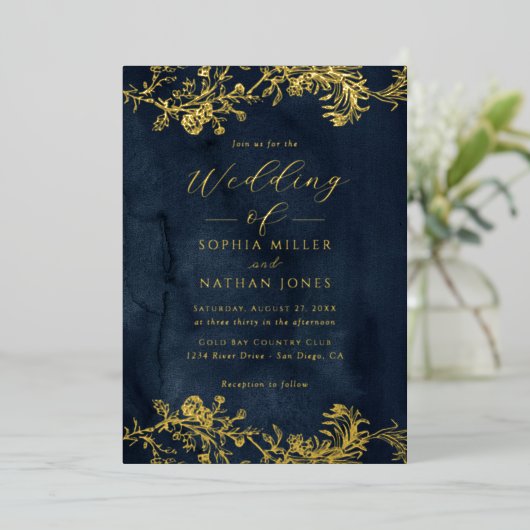 Echt gouden folie bloemrijke kanten script Navy tr Folie Uitnodiging (Staand Voorkant)