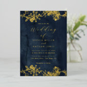 Echt gouden folie bloemrijke kanten script Navy tr Uitnodiging (Staand Voorkant)