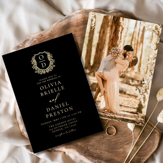 Echt gouden folie foto crest monogram bruiloft uitnodiging
