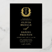 Echt gouden folie foto crest monogram bruiloft uitnodiging (Voorkant)