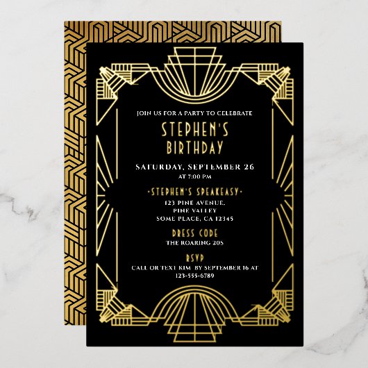 Echt Gouden Folie Gatsby Roaring 20s Verjaardagsfe Folie Uitnodiging (Voorkant / Achterkant)