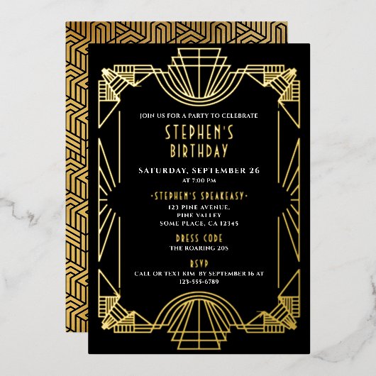 Echt Gouden Folie Gatsby Roaring 20s Verjaardagsfe Uitnodiging (Voorkant / Achterkant)
