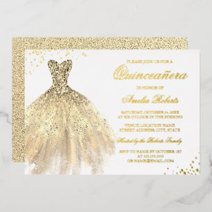 ECHT GOUDEN FOLIE Goud Glans Jurk Quinceanera Uitnodiging