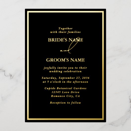 Echt Gouden Folie Modern Zwart & Goud Huwelijk Folie Uitnodiging (Voorkant)