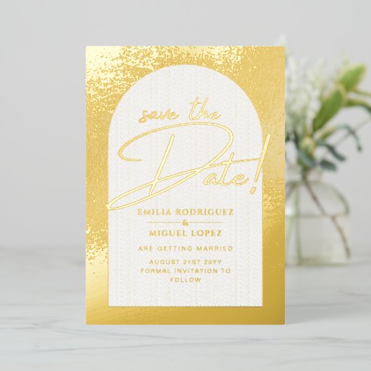 Echt gouden folie moderne trouwdatumkaart LeahG Folie Uitnodiging (Staand Voorkant)