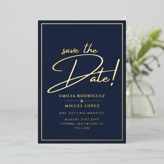 Echt gouden folie Navy Blauwe Save the Date Trouwk Folie Uitnodiging (Staand Voorkant)