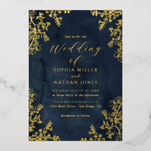 Echt gouden folie Navy bloemen kant script bruilof Uitnodiging