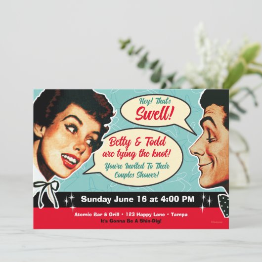 Echt retro koppels douche uitnodiging (Staand voorkant)