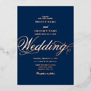 Echt Roos Gold Folie Classy Luxe Blauw Huwelijk Uitnodiging