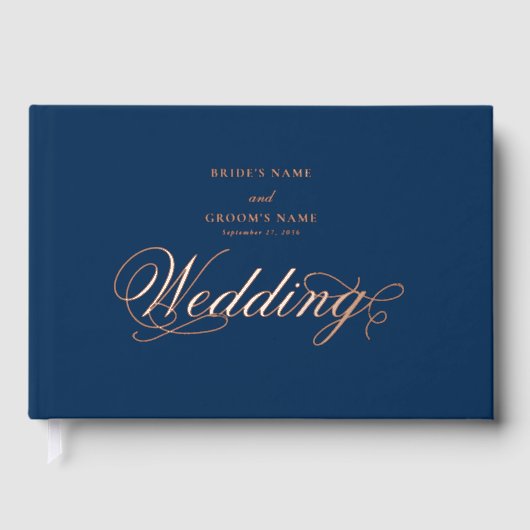 Echt Roos Gold Folie Elegant Luxe Blauw Huwelijk Gastenboek (Voorkant)