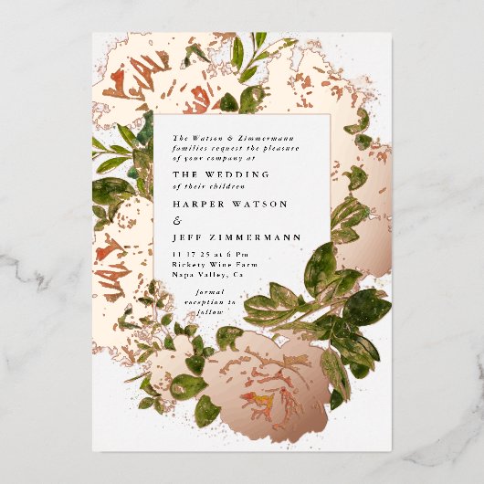 Echt Roos Goud en Elegant Waterverf Bruiloft Folie Uitnodiging (Voorkant)