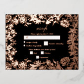 Echt Roos Gouden Bloemen Zwart Trouwen RSVP Folie Uitnodiging Briefkaart (Voorkant)