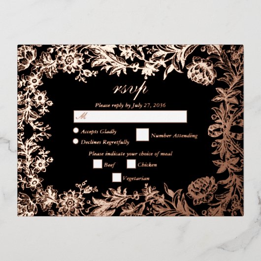 Echt Roos Gouden Bloemen Zwart Trouwen RSVP Folie Uitnodiging Briefkaart (Voorkant)