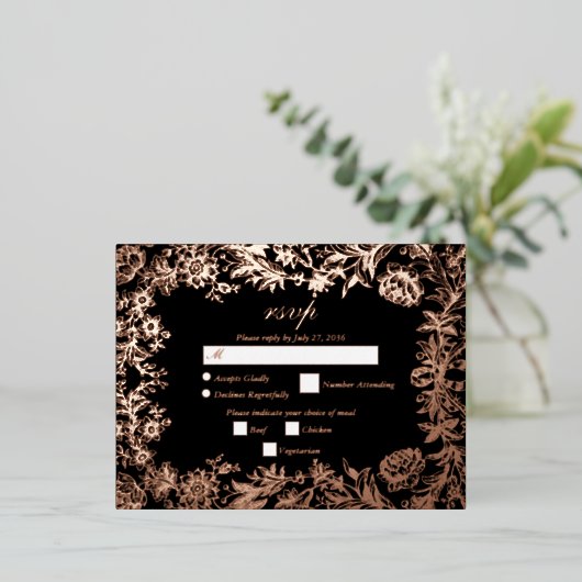 Echt Roos Gouden Bloemen Zwart Trouwen RSVP Folie Uitnodiging Briefkaart (Staand Voorkant)