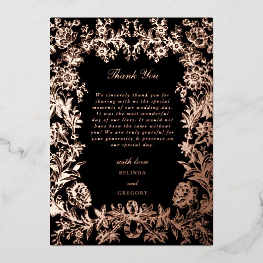 Echt Roos Gouden Folie Bloemen Zwart Trouwen Dank  Folie Uitnodiging (Voorkant)
