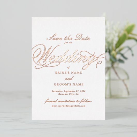Echt Roos Gouden Folie Trouwen Wit Save the Date Folie Uitnodiging (Staand Voorkant)