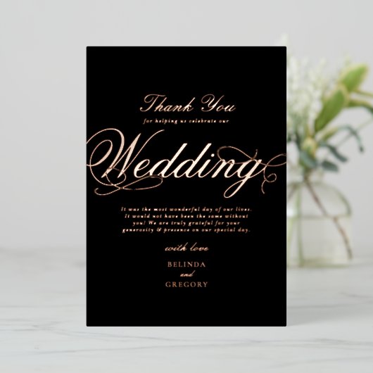 Echt Roos Gouden Folie Zwart Trouwen Dank u Folie Uitnodiging (Staand Voorkant)