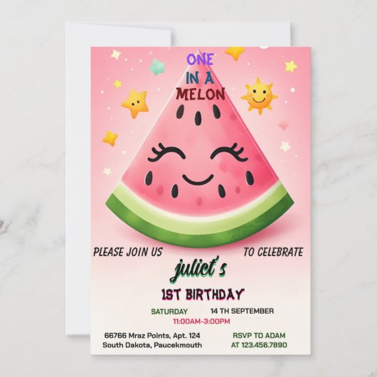 Echt roze zomer één in een meloen eerste 1e verjaa kaart (Voorkant)