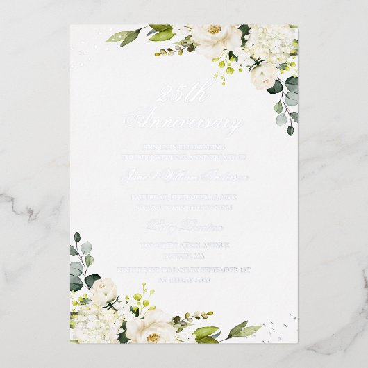 ECHT ZILVEREN FOLIE Bloem 25-jarig jubileum Folie Folie Uitnodiging (Voorkant)