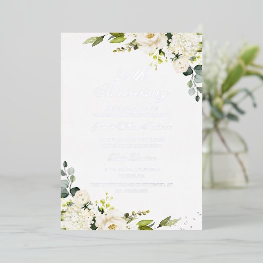 ECHT ZILVEREN FOLIE Bloem 25-jarig jubileum Folie Folie Uitnodiging (Staand Voorkant)