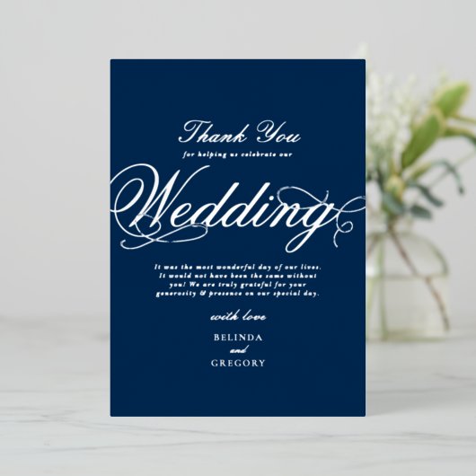 Echt Zilveren Folie Marine Blauwe Huwelijk Dank u Folie Uitnodiging (Staand Voorkant)