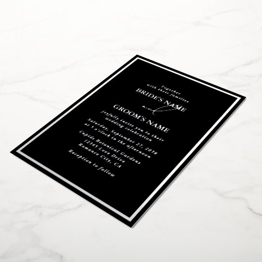 Echt Zilveren Folie Modern Zwart & Zilver Huwelijk Folie Uitnodiging (Gedraaid)