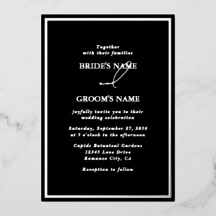 Echt Zilveren Folie Modern Zwart & Zilver Huwelijk Uitnodiging