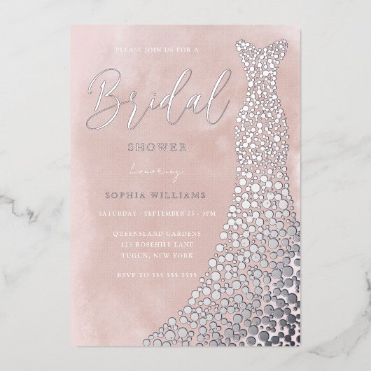 Echt Zilveren Gown Blush Waterverf Vrijgezellenfee Folie Uitnodiging (Voorkant)