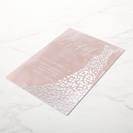 Echt Zilveren Gown Blush Waterverf Vrijgezellenfee Folie Uitnodiging (Gedraaid)