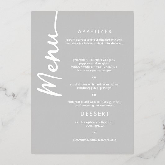 Echt Zilverfolie Modern Script Wedding Menu Kaart (Voorkant)