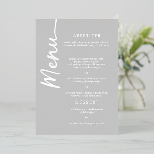 Echt Zilverfolie Modern Script Wedding Menu Kaart (Staand Voorkant)