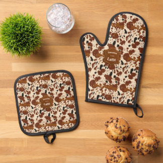 Echte 100% Latte Koeienhuid Patroon | Neutraal Ovenwant & Pannenlap Set