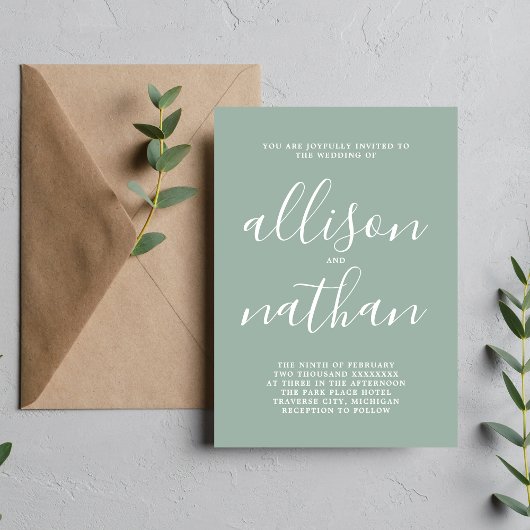 Echte eenvoud 1 salie groen minimalistische bruilo kaart