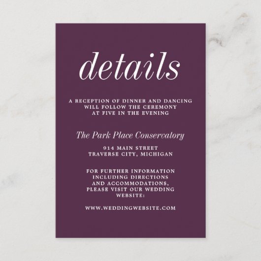 Echte eenvoud 2 Paarse pruimelbruiloft Informatiekaartje (Voorkant)
