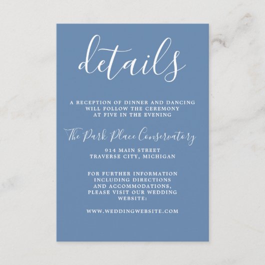 Echte eenvoud Denim Blue Chic Minimalist Wedding Informatiekaartje (Voorkant)
