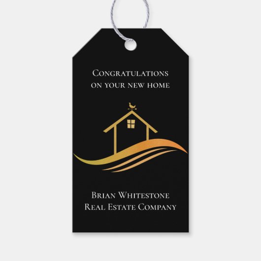 Echte Estate Chic Black Gold House Custom Realtor Cadeaulabel (Voorkant)